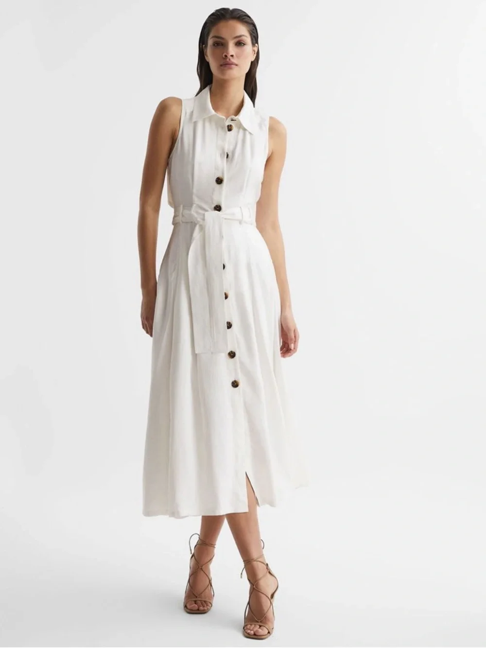Reiss White Sleeveless Collared Button-Front Midi Dress - Picture 3 of 6